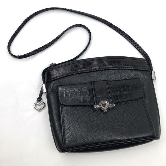 Brighton Black Pebbled Croc Embossed Leather Wallet Front Shoulder Bag - Picture 1 of 12